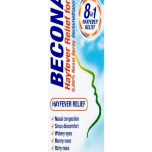 Beconase Hayfever Relief for Adults Spray – 100-dose nasal spray for effective hay fever and allergy symptom relief, containing corticosteroid for blocked nose, sneezing, and itchy eyes.