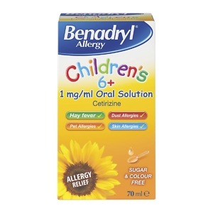 Benadryl Allergy Children’s 6+ Solution – 70ml bottle of Cetirizine liquid antihistamine for non-drowsy allergy relief in children aged 6 and over.