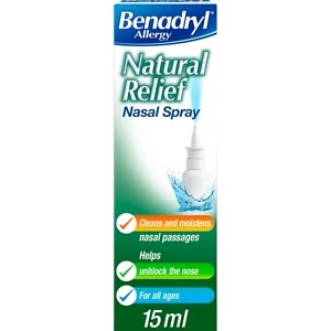 Benadryl Allergy Natural Nasal Spray – 15ml bottle for fast, drug-free relief from nasal allergy symptoms such as congestion, sneezing, and runny nose