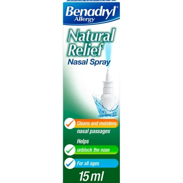 Benadryl Allergy Natural Nasal Spray – 15ml bottle for fast, drug-free relief from nasal allergy symptoms such as congestion, sneezing, and runny nose