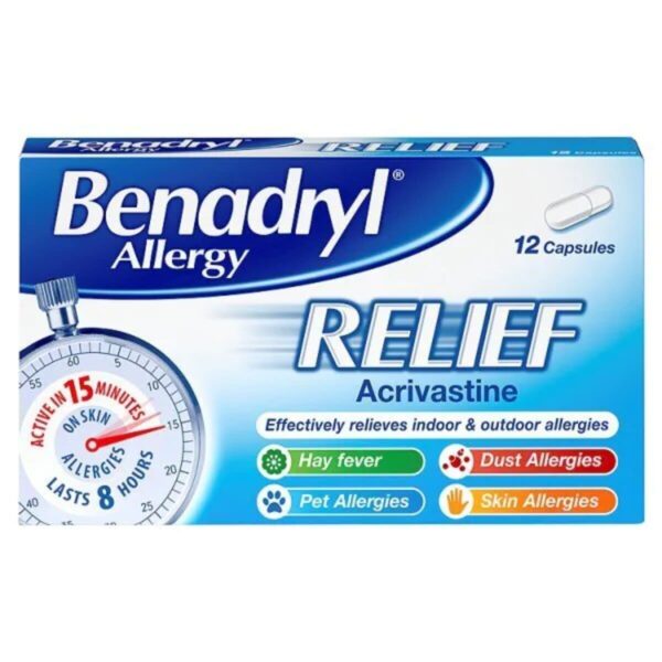 Benadryl Allergy Relief Capsules – Box of 12 Acrivastine capsules for fast-acting hay fever and allergy symptom relief.