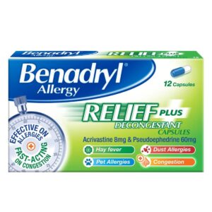 Benadryl Allergy Relief Plus Decongestant Capsules – Box of 12 dual-action capsules with Acrivastine and Pseudoephedrine for fast allergy and sinus relief.