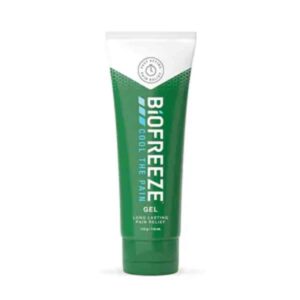 Biofreeze Pain Relief Gel, 118ml - A larger green and white tube of Biofreeze Gel designed for cold therapy pain relief. The label reads 'Biofreeze Pain Relief Gel' and includes the size '118ml.' The tube features a clear cap, highlighting its convenient and easy-to-use design. The product is set against a clean, white background, emphasizing its use for alleviating sore muscles, backaches, sore joints, and arthritis pain.