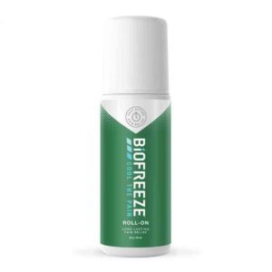 Biofreeze Pain Relieving Roll-on Gel, 89ml - A green and white roll-on bottle of Biofreeze Gel designed for cold therapy pain relief. The label reads 'Biofreeze Pain Relieving Gel' and includes the size '89ml.' The roll-on applicator is visible, making it easy to target sore muscles, backaches, sore joints, and arthritis pain with precise application. The product is set against a clean, white background