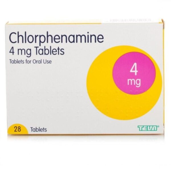 Chlorphenamine 4mg Tablets – 28-tablet pack offering effective allergy relief as a Piriton alternative for hay fever, skin allergies, and pet allergies.
