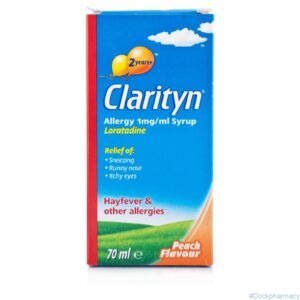 Clarityn Allergy Syrup – 60ml bottle of Loratadine syrup for non-drowsy allergy relief in children and adults, effective against hayfever, pet and dust allergies.
