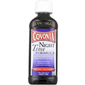 A 150ml bottle of Covonia Night Time Formula, featuring clear labeling for cough and cold relief with a fast-acting night-time formula.