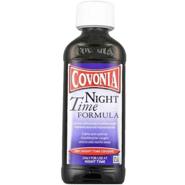 A 150ml bottle of Covonia Night Time Formula, featuring clear labeling for cough and cold relief with a fast-acting night-time formula.