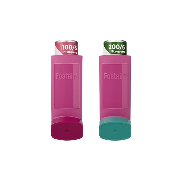 Fostair Inhaler product image showing inhaler device and packaging, labeled with 120 doses and strengths of 100/6mcg and 200/6mcg for asthma and COPD treatment.