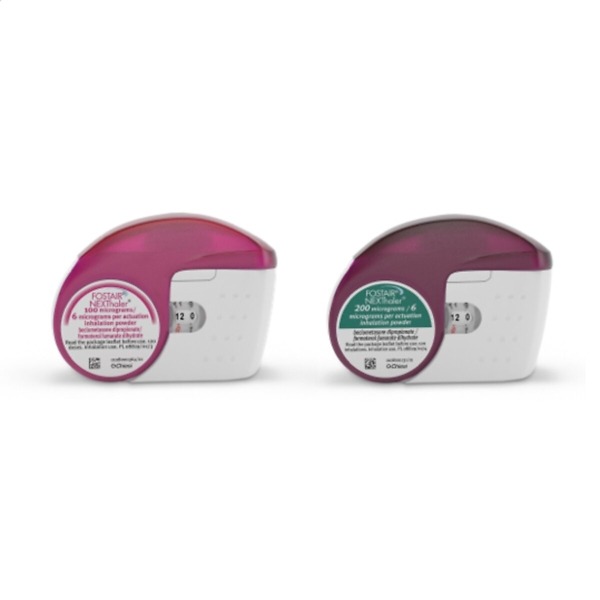 Fostair Nexhaler device and packaging displaying 120 doses, available in 100/6mcg and 200/6mcg strengths, used for asthma and COPD treatment.