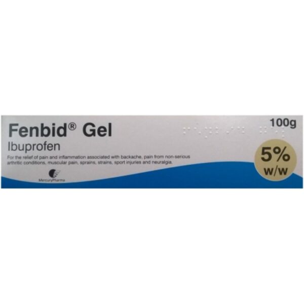 Fenbid Gel - Ibuprofen 5% Gel - A tube of Fenbid Gel with a white and blue design, labeled 'Ibuprofen 5% Gel.' The tube indicates it contains 5% ibuprofen and is used for pain and inflammation relief. The product is set against a clean, white background, emphasizing its use for backache, rheumatic pain, muscular pain, sprains, strains, and sports injuries