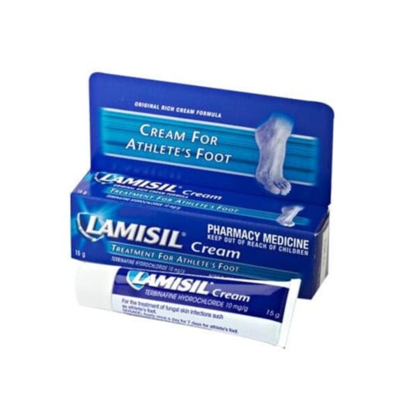 Lamisil Athlete’s Foot Cream, 15g – Fast-acting antifungal treatment for athlete’s foot, jock itch, and ringworm. Contains Terbinafine Hydrochloride for effective relief from itching, redness, and fungal infections. Clinically proven formula in a convenient 15g tube