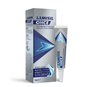Lamisil Once 1% Cutaneous Solution, 4g – Single-application antifungal treatment for athlete’s foot. Contains Terbinafine Hydrochloride for fast, long-lasting relief. Easy-to-use formula designed to eliminate fungal infections with just one applicatio