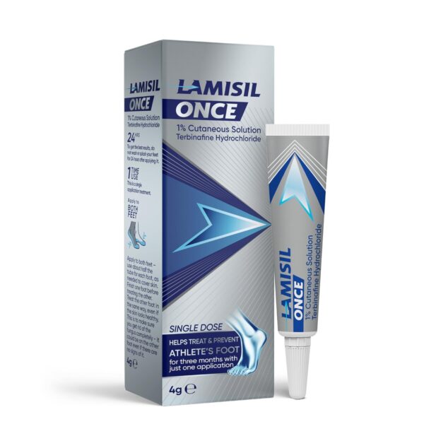Lamisil Once 1% Cutaneous Solution, 4g – Single-application antifungal treatment for athlete’s foot. Contains Terbinafine Hydrochloride for fast, long-lasting relief. Easy-to-use formula designed to eliminate fungal infections with just one applicatio