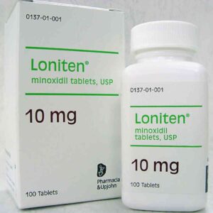 Product image of Loniten 10mg Tablets - Minoxidil 10mg, 60 Tablets, packaged in a white and blue box, used for managing high blood pressure and promoting hair regrowth.
