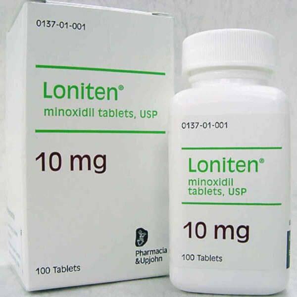 Product image of Loniten 10mg Tablets - Minoxidil 10mg, 60 Tablets, packaged in a white and blue box, used for managing high blood pressure and promoting hair regrowth.