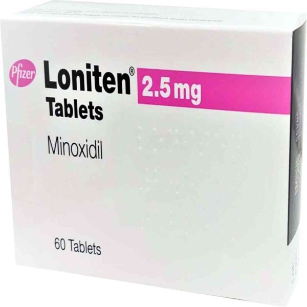 Product image of Loniten 2.5mg Tablets - Minoxidil 2.5mg, 60 Tablets, featuring a white and blue packaging, used for managing high blood pressure and supporting hair regrowth