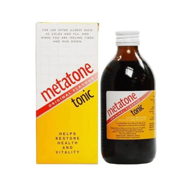 Product image of Metatone Tonic, 300ml. The bottle is labeled with the Metatone logo and product information, indicating it is a revitalizing tonic designed to restore health and vitality. The packaging highlights key benefits such as providing energy and aiding recovery from illness, featuring a clear, easy-to-read design