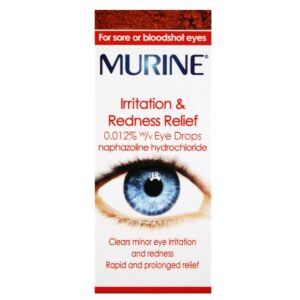 A 10ml bottle of Murine Eye Drops with its packaging. The bottle is white with a blue cap, and the label features the Murine logo along with product details. The packaging box is predominantly blue and white, displaying the product name, usage instructions, and key benefits for soothing and refreshing dry or irritated eyes