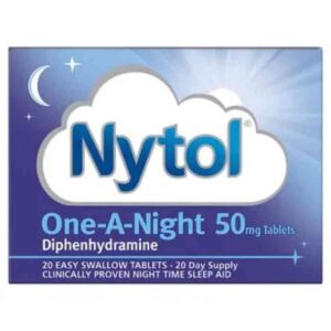 Nytol One A Night 50mg – 20 Tablets pack, clinically proven over-the-counter sleep aid containing diphenhydramine to help relieve occasional sleeplessness and promote restful sleep