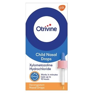 Otrivine Child Nasal Drops – 10ml bottle, gentle xylometazoline nasal decongestant for children aged 6-12, providing fast relief from blocked nose and nasal congestion
