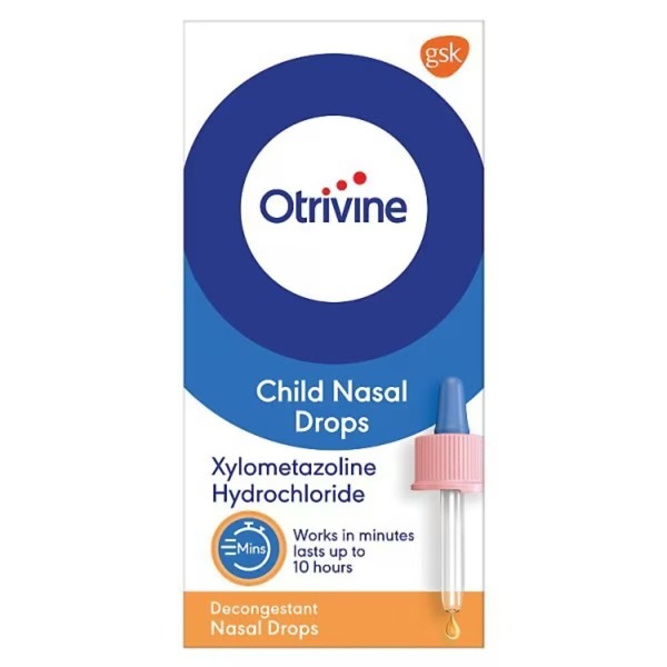 Otrivine Child Nasal Drops – 10ml bottle, gentle xylometazoline nasal decongestant for children aged 6-12, providing fast relief from blocked nose and nasal congestion