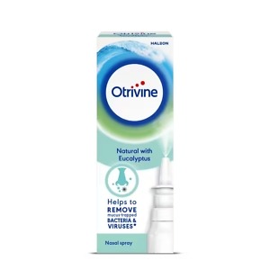 Otrivine Natural with Eucalyptus Nasal Spray – 20ml bottle, natural seawater-based nasal spray with eucalyptus extract for clearing blocked nose and soothing nasal passages