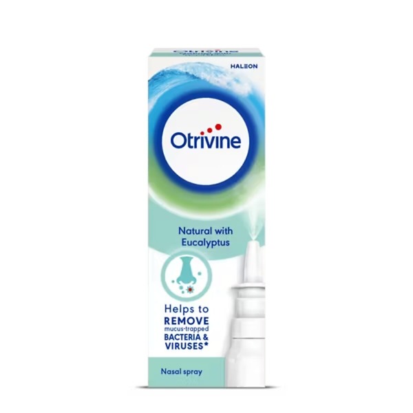 Otrivine Natural with Eucalyptus Nasal Spray – 20ml bottle, natural seawater-based nasal spray with eucalyptus extract for clearing blocked nose and soothing nasal passages