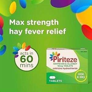 Piriteze Allergy Tablets – Cetirizine 10mg tablets available in packs of 7, 14, and 30; effective non-drowsy relief from hayfever, skin allergies, and pet allergies.