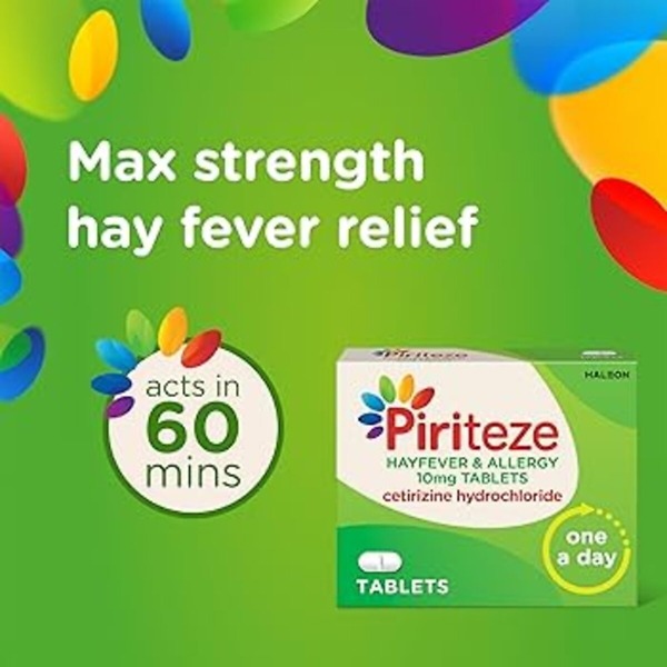 Piriteze Allergy Tablets – Cetirizine 10mg tablets available in packs of 7, 14, and 30; effective non-drowsy relief from hayfever, skin allergies, and pet allergies.