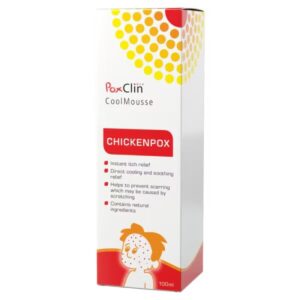 Image of PoxClin CoolMousse - Chickenpox Treatment for Children, 100ml. The product provides soothing relief from itching and irritation caused by chickenpox, formulated as a gentle mousse for easy application on children's skin