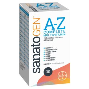 Image of Sanatogen A-Z Complete Multivitamins, 30 Tablets box. The product provides essential vitamins and minerals for overall health and well-being, supporting energy, immunity, and vitality in adults
