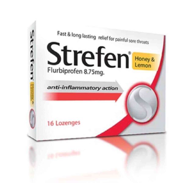 Strefen Lozenges - Honey and Lemon flavor, soothing sore throat lozenges in a pack of 16. Provides fast-acting relief for throat pain and inflammation.