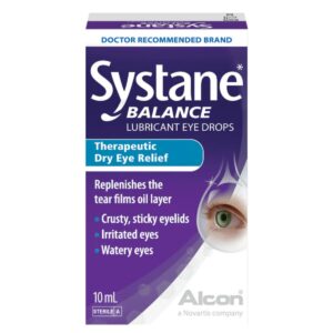 Systane Balance Lubricating Eye Drops, 10ml bottle, designed to provide long-lasting relief for dry eyes by restoring the eye's natural lipid layer. Ideal for soothing irritation and maintaining moisture balance