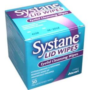 Systane Eyelid Cleansing Wipes, Pack of 30, designed for gentle and effective eyelid hygiene. Removes debris, makeup, and irritants while soothing sensitive eyelids. Convenient and ideal for daily use