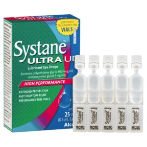 Systane Ultra UD Lubricant Eye Drops, Sterile Preservative-Free, 25 single-use vials, providing long-lasting relief for dry, irritated, and sensitive eyes. Convenient, hygienic, and ideal for daily use