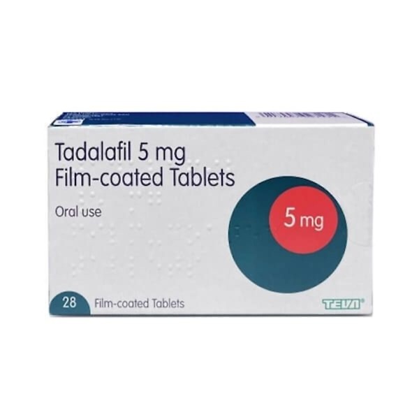 Tadalafil 5mg Tablets pack of 28 – daily-use generic Cialis tablets for erectile dysfunction and BPH treatment, shown in labeled blister pack packaging