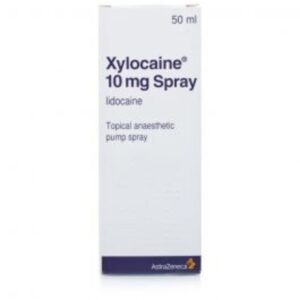 Xylocaine Topical Anaesthetic Pump Spray 50ml – Lidocaine 10% solution in a white and red labeled pump bottle used for local numbing during medical or dental procedures