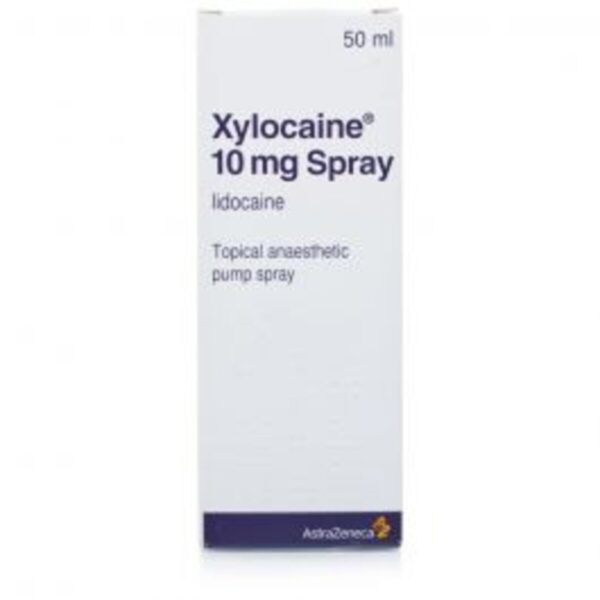Xylocaine Topical Anaesthetic Pump Spray 50ml – Lidocaine 10% solution in a white and red labeled pump bottle used for local numbing during medical or dental procedures