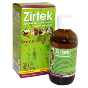 Zirtek Allergy Relief Solution – Cetirizine Liquid, bottle for oral use, non-drowsy antihistamine for allergy relief from hay fever, skin, dust, and pet allergies