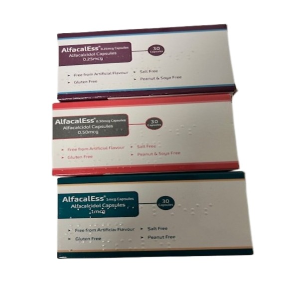 Alfacal ESS – Box of 30 Alfacalcidol Capsules available in 0.25mcg, 0.5mcg, and 1mcg strengths, vitamin D food supplement for bone and immune health support