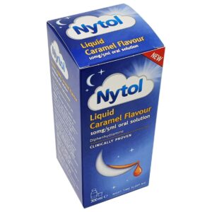 Nytol Liquid Caramel Flavour – 300ml bottle, over-the-counter sleep aid syrup designed to relieve short-term insomnia, featuring a soothing caramel taste