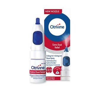 Otrivine Extra Dual Relief Nasal Spray – 10ml bottle, dual-action formula with xylometazoline and ipratropium for fast relief from blocked and runny nose caused by colds and allergies