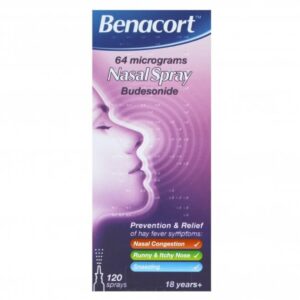 Benacort Hayfever Relief Nasal Spray – 60-dose Budesonide nasal spray for effective relief from hay fever and allergy symptoms like sneezing, congestion, and runny nose.