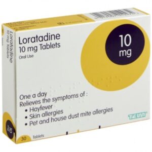 Loratadine Tablets – One-a-day hayfever relief pack containing 30 non-drowsy tablets for allergy symptoms such as sneezing, runny nose, and itchy eyes.