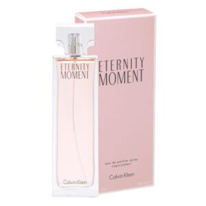 A 100ml bottle of Calvin Klein Eternity Moment Eau de Parfum Spray, featuring an elegant rectangular design with a soft pink hue. The bottle reflects the romantic and timeless floral fragrance, perfect for women who embrace elegance and love.