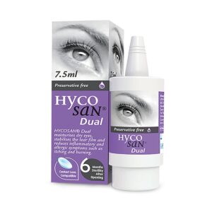 Hycosan Dual Eye Drops – preservative-free eye drops bottle, formulated for relief from dry eyes and allergic symptoms like itching and burning