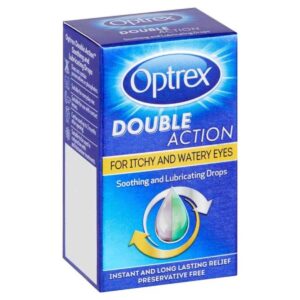 Optrex Double Action Eye Drops for Itchy and Watery Eyes – 10ml bottle, dual-action formula providing long-lasting hydration and relief from allergy-related eye irritation