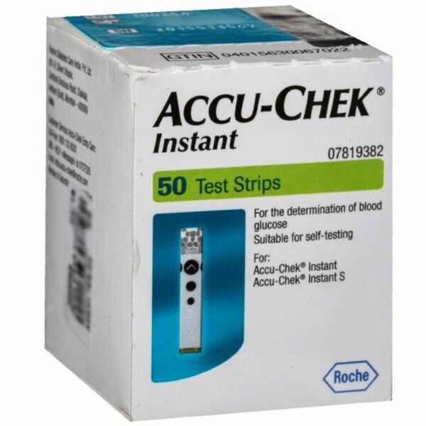 Box of Accu-Chek Instant Blood Glucose Test Strips on a clean, white background. The box is prominently displayed, showing the Accu-Chek and Roche logos, and highlights compatibility with the Accu-Chek Instant Monitor. The image emphasizes the product's ease of use and precision for diabetes management