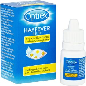 Optrex Hayfever Relief Eye Drops – 10ml bottle, formulated with sodium cromoglicate 2% to relieve itchy, red, and watery eyes caused by hay fever and allergies